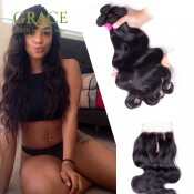 Grace Hair Company Peruvian Body Wave 5 Pcs/Lot Natural Black Human Hair Peruvian Virgin Hair Body Wave With Closure Wholesale