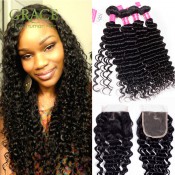 Peruvian Curly Hair With Closure 4 Bundles Modern Show Hair Peruvian Deep Wave 6A Peruvian Deep Curly With Closure Full End