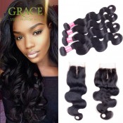 Ali Queen Hair Products Malaysian Virgin Hair With Closure 5pcs Lot Malaysian Body Wave Lace Closure With Bundles Natural Black